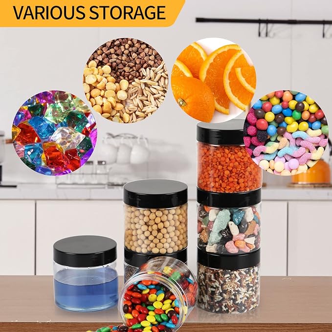EkkoVla 40 Pack 6 oz Clear Plastic Jars Wide Mouth Round Containers with Black Lids BPA FREE, Empty Multi-use Refillable Storage Jar with Airtight Lid for Cosmetics Beauty Products