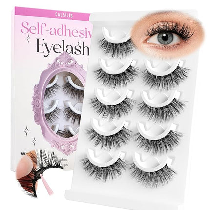 CALAILIS Self Adhesive Eyelashes 5 Pairs Natural Look Press On Lashes No Glue Need Eyelashes Reusable Cat Eye Wispy Self-adhesive False Lashes with Replacement Adhesive Strips (C130)