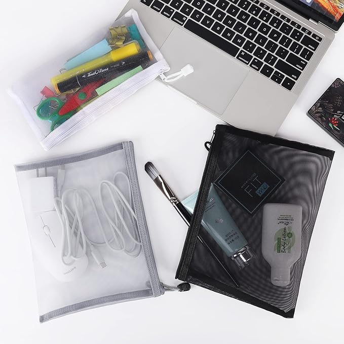 12 Pieces Zipper Nylon Mesh Pouch, Mesh Cosmetic Bags Makeup Bags Pencil Case, Multipurpose Travel Bags for Cosmetic School Office Supplies and Travel Accessories (Black, A5+B6)