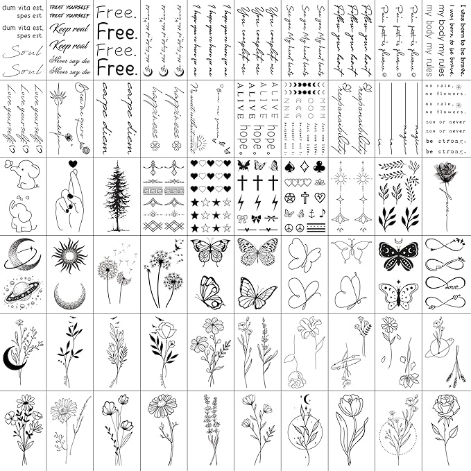 Realistic Temporary Tattoos for Women - 60 Sheets Tiny Small Removable Adult Fake Tattoos,185 Pcs Minimalist Waterproof Inspirational Quotes Words Wild Flower Floral Bouquet Adults Tattoo Stickers