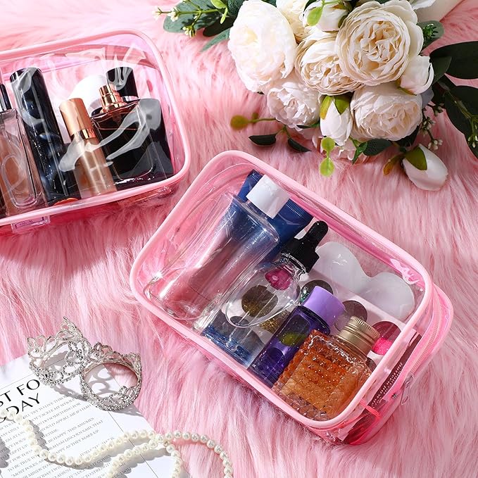 Weewooday 12 Pieces Clear Makeup Bags Cosmetic Storage Bags PVC Zipper Pouches Travel Waterproof Makeup Plastic Case for Women Organizing Toiletries Traveling Bathroom(Large,Light Pink)
