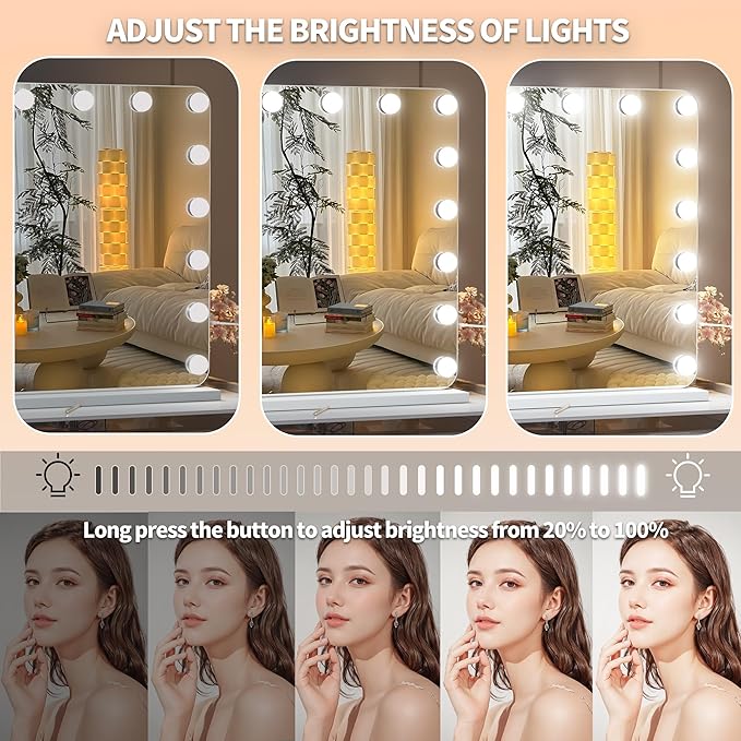 Hasipu Vanity Mirror with Lights and Bluetooth Speaker, 31.5" x 23.6" Hollywood Mirror, Makeup Mirror with 17 Dimmable Bulbs and 10X Magnification, 3 Colors Modes, USB Charging Port, Type-C (White)