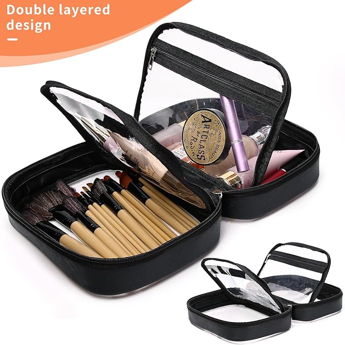 Pinkmik Travel Makeup Bag Set Portable Clear Cosmetic & Toiletry Case Women's Purse Organizer and Car Essentials with Zipper (Black, M+MINI-2)