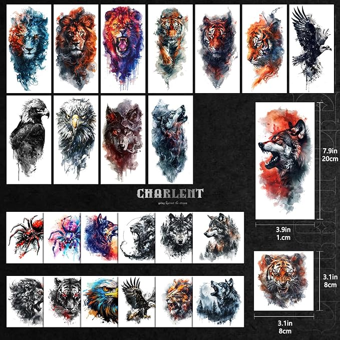 25 Sheets Beast Temporary Tattoos for Men Adult - 12 Sheets Sleeve Arm Watercolor Lion Wolf Fake Tattoos,13 Sheets Tiger Eagle Tattoos For Men