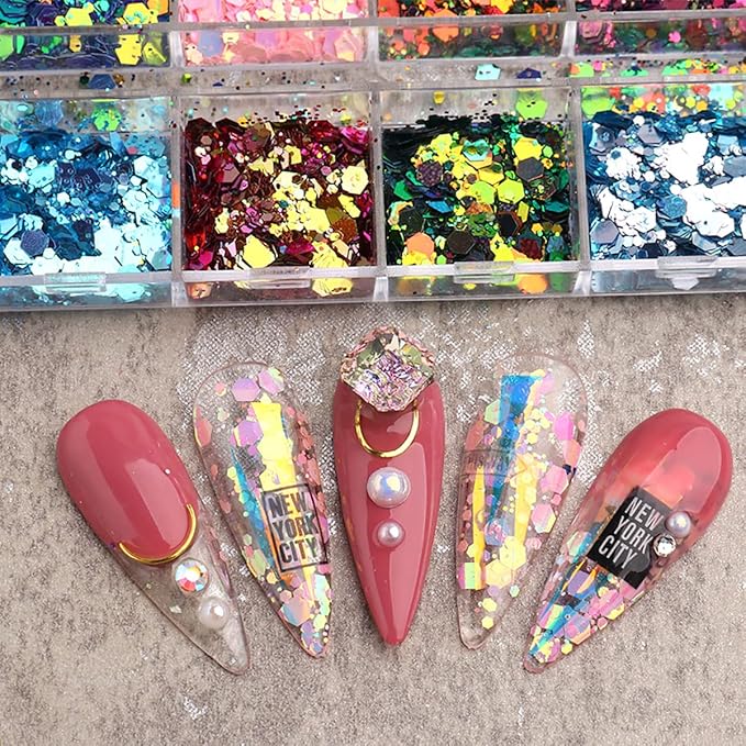 12 Grids Chameleon Nail Art Sequins Polygon Holographic Nail Supplies Bright Moving Nail Glitter Pattern Mermaid Nail Glitters Flakes Design 3D DIY Acrylic Nails for Women Manicure Powder Decorations