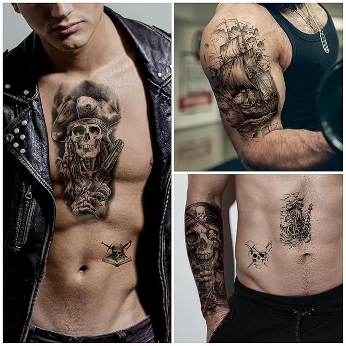 77 Sheets Pirate Temporary Tattoos Adult,Captain Anchor Compass Sailboat Tattoos, Pirate Ships Flag Skull Crossbones Sailor Fake Tattoo for Costume, Halloween Fake Arm Tattoos for Men Women Kids
