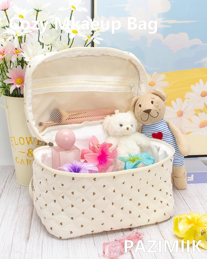 PAZIMIIK 3PCS Makeup Bag SET Large Travel Quilted Zipper Soft Cosmetic Case Pouch for Women Girls Make Up,Gauze Heart Coffee