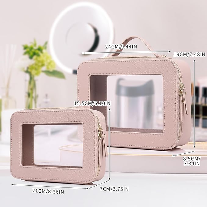 Pinkmik Clear Makeup Bag for Women Waterproof Travel Cosmetics and Toiletries Case Portable Makeup Oaganizer Bag Clear Car Bag with Zipper (Pink, M+L)