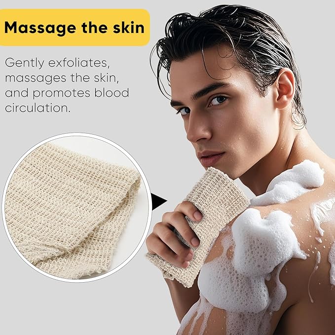 Natural Sisal & Ramie Exfoliating Body Scrubber for Shower with Handle（3 pcs） - Deep Cleanse Back Scrubber, Scrub Spa Tool for Glowing Skin & Whole Body Care (3pcs)
