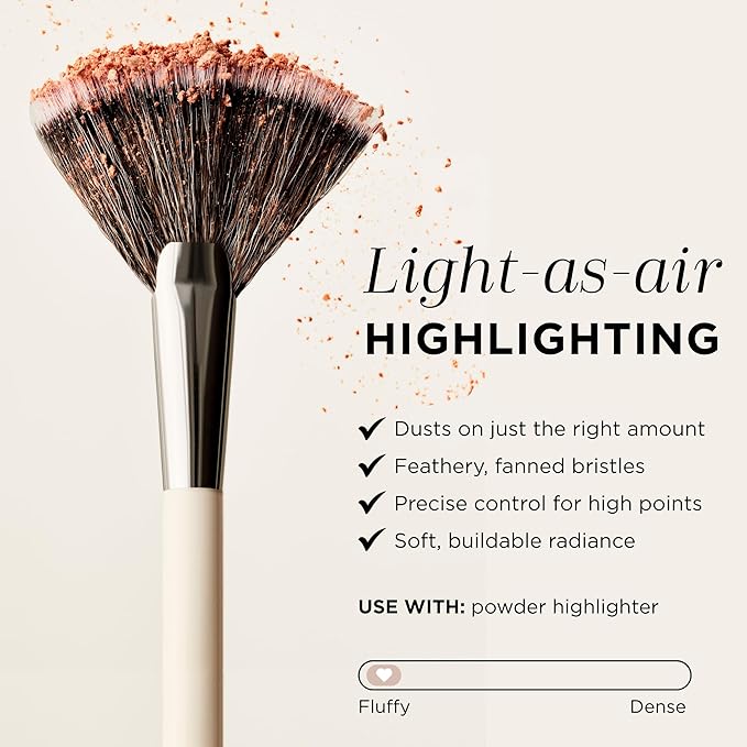 HALEYS Fan Brush VEGAN+CRUELTY-FREE, Sustainable Wood, Vegan Bristles for Airbrushed Finish, For highlighter application, Streak-free, Perfect Blending, Blurs, Smooths with Control