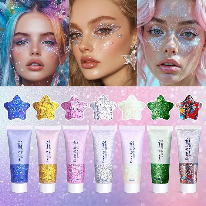Body Glitter Gel - Sparkly Chunky Glitter Hair for Kids Women, Iridescent Glitter Freckles, Halloween Christmas Singer Concert Festival Rave Accessories (USA Pride Body Glitter)