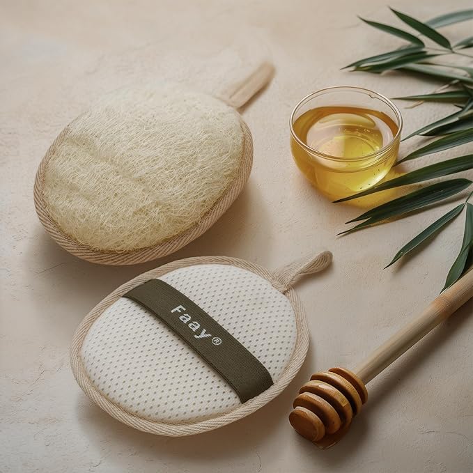 FAAY Thai Loofah Spa Set – 17″ Teak-Handled Back Scrubber with Refill + 2 Face & Body Exfoliating Pads
