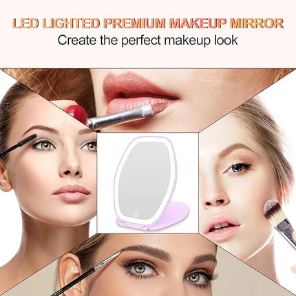 Travel Makeup Mirror with Light: 3 Color Lighting Portable Mirror with Touch Screen Rechargeable Adjustable LED Lights Hexagon Vanity Mirror for Travel, Desk, Home (Purple)