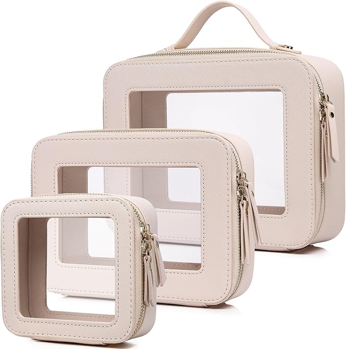 Pinkmik Clear Makeup Bag Waterproof Travel Case for Cosmetics and Toiletries Women's Purse Organizer and Clear Car Bag with Zipper (Beige, L+M+MINI)