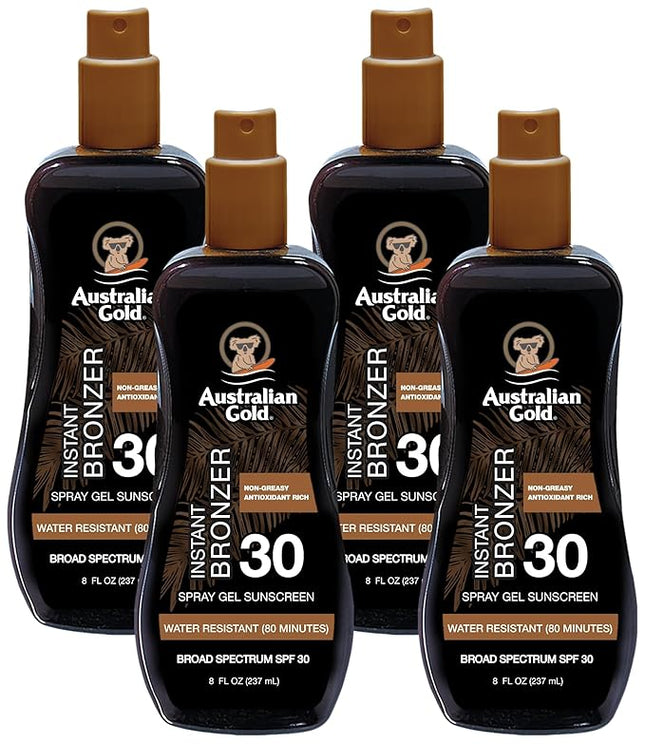 Australian Gold Spray Gel Sunscreen with Instant Bronzer SPF 30, 8 Ounce | Moisturize & Hydrate Skin | Broad Spectrum | Water Resistant | Non-Greasy | Oxybenzone Free | Cruelty Free (Pack of 4)