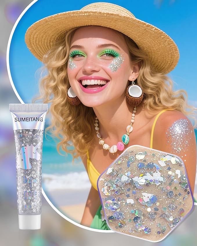 6Colors Face Body Glitter Gel，Holographic Chunky Sequins Body Glitter Paint for Party Singer Concerts Music Festival Rave Accessories for Girls Women Face Body Hair DIY Sparkling Makeup