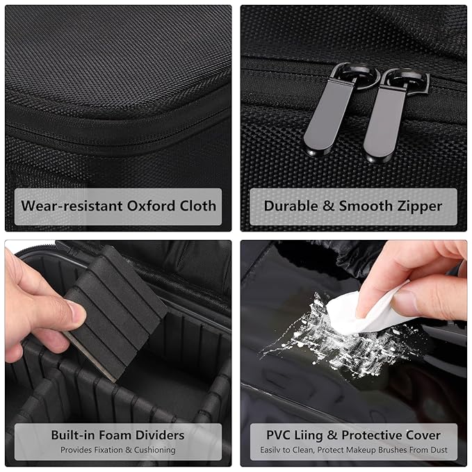 gzcz Travel Makeup Bag,10.4 Inches Portable Makeup Case Cosmetic Train Case Organizer Artist Storage Bag With Adjustable Dividers For Cosmetics Brushes Toiletry Jewelry Digital Accessories (Black)