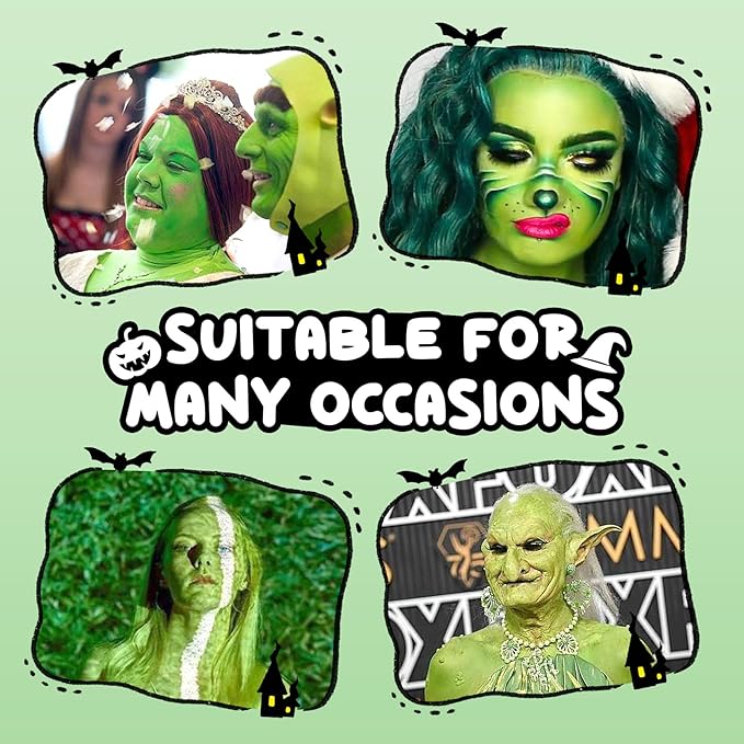 AIUEO 7PCS Green Face Paint with Fake Nose White Black Face Body Paint, Halloween Makeup Kit for Witch Monster Hulk SFX Makeup Cosplay Party