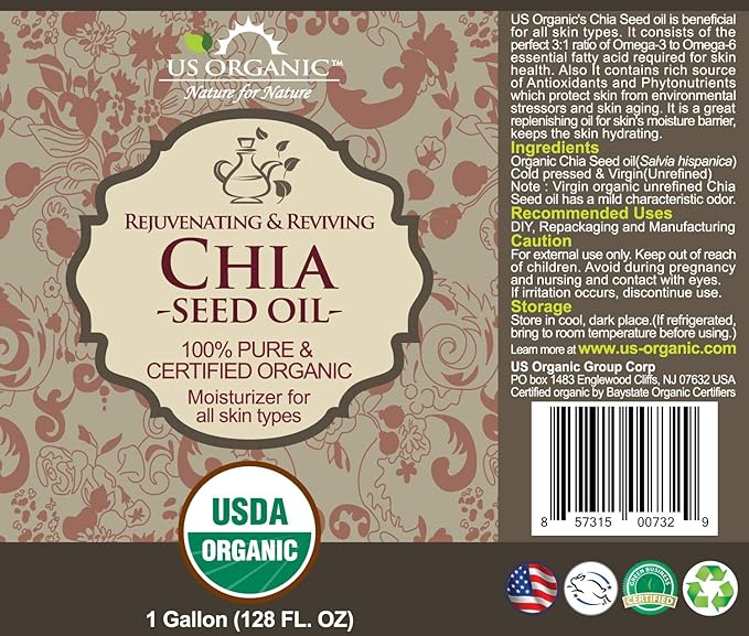 US Organic Chia Seed Oil, Certified Organic, Pure & Natural, Cold Pressed Virgin, Unrefined (128 oz (1 Gallon))