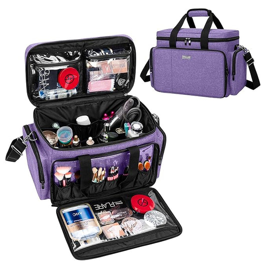 BAFASO Large Makeup Bag Cosmetic Bag with Removable Dividers, Travel Makeup Case Holds Cosmetics and Hair Supplies, Purple