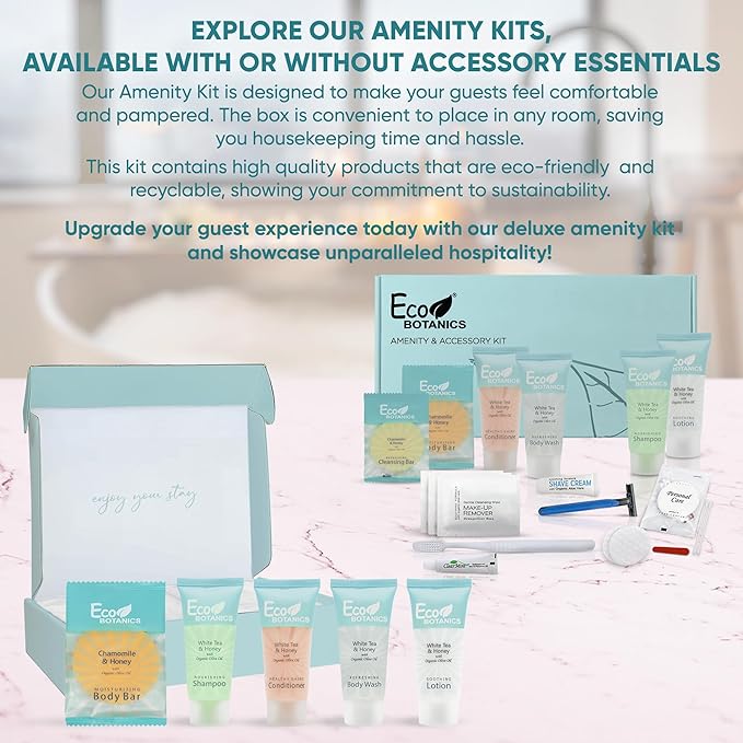 Eco Botanics Amenity & Accessory Kit | 0.85 oz Travel Size Shampoo, Conditioner, Lotion, Body Wash, Soap Bar, Shave & Dental Sets, Make-Up Remover Wipes, & Vanity Kit | 60 sets per case