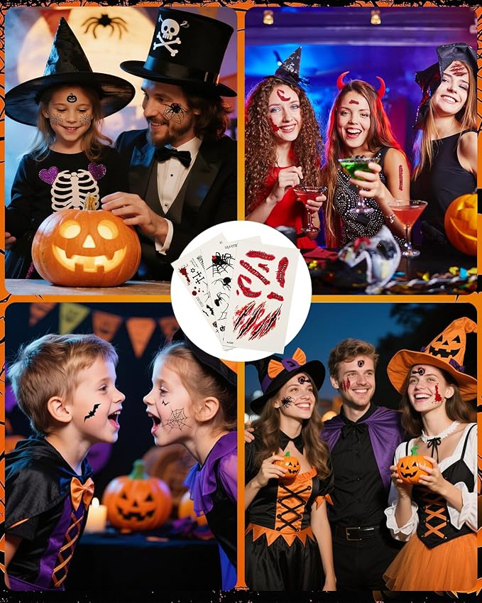 Halloween Effects Makeup Kit, Red Black White Face Paint, Makeup with Tri-color makeup Tattoo stickers sponges brushes, Perfect for Halloween Zombie Vampire Skeleton