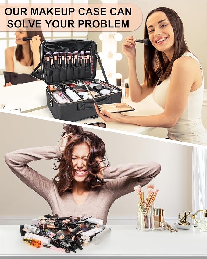 Relavel Makeup Bag, Extra Large Makeup Case, Cosmetic Storage Organizer Box Brush Holder with 4 Clear Set Bags and Adjustable Dividers and Shoulder Strap for Professional Make Up Artists