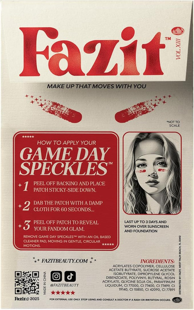 Fazit Makeup Patches - Red Game Day Speckles - Glow Up Make-Up Patches - Cute Glitter Makeup Accessories for Women - Cosmetic Glitter for Face