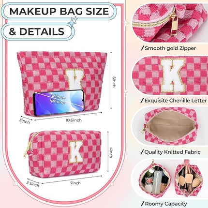 2PCS Checkered Makeup Bag for Women Personalized Initial Letter Makeup Bag Travel Toiletry Bag Organizer Cute Makeup Brushes Storage Bag Mother's Day Birthday Gift for Women (Letter K)