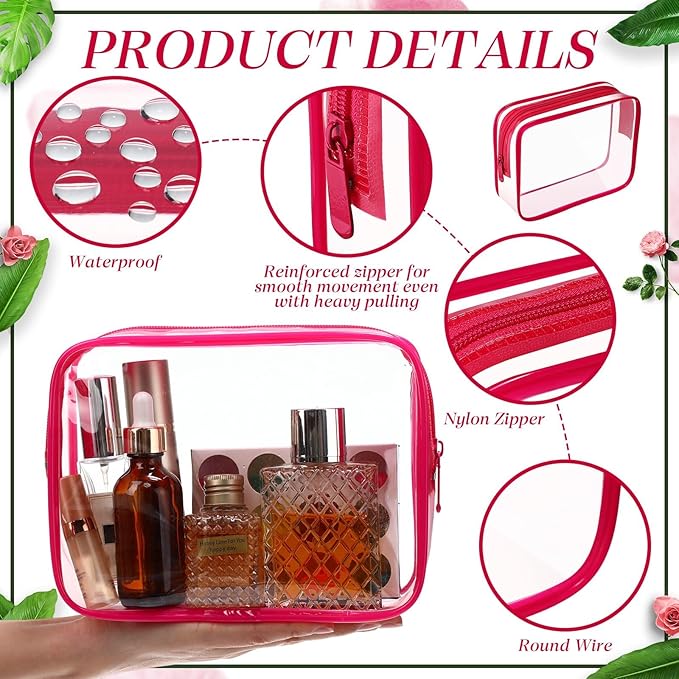Weewooday 12 Pieces Clear Makeup Bags Cosmetic Storage Bags PVC Zipper Pouches Travel Waterproof Makeup Plastic Case for Women Organizing Toiletries Traveling Bathroom(Medium,Rose Red)