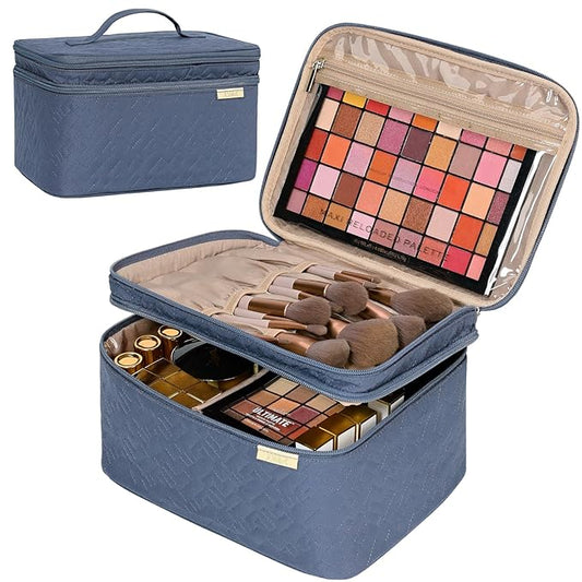 NISHEL Large Double Layer Travel Makeup Bag Women, Cosmetic Case, Organizer for Travel-Size Accessories Bottles, Brushes, Conditioner, and Skin Care Products, Aegean-Blue