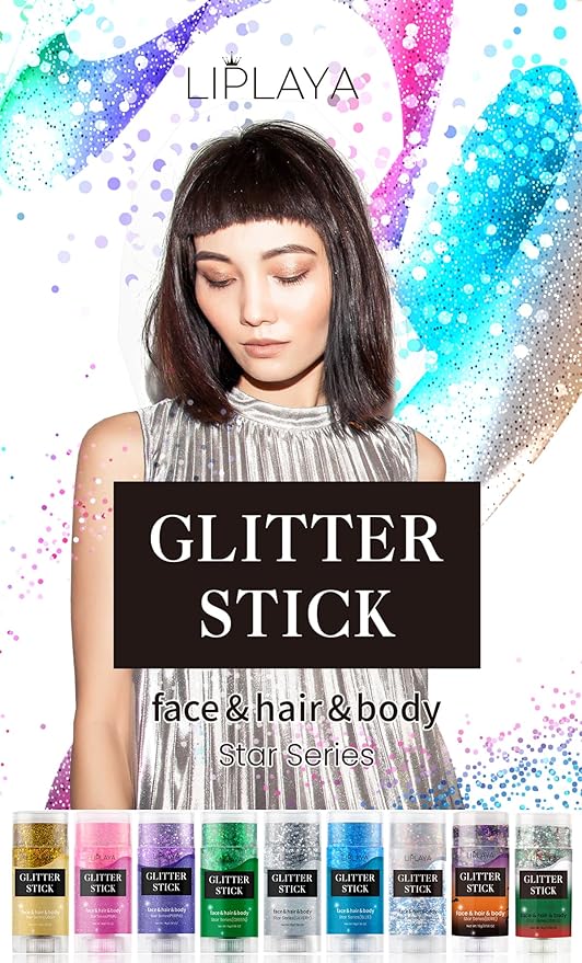 Face and Body Glitter Stick, Singer Concert Music Rave Face Body Sequins Glitter Stick for Women Face/Body/Hair/Eyes/Lip Glitter Makeup. (Black & Orange & Purple)