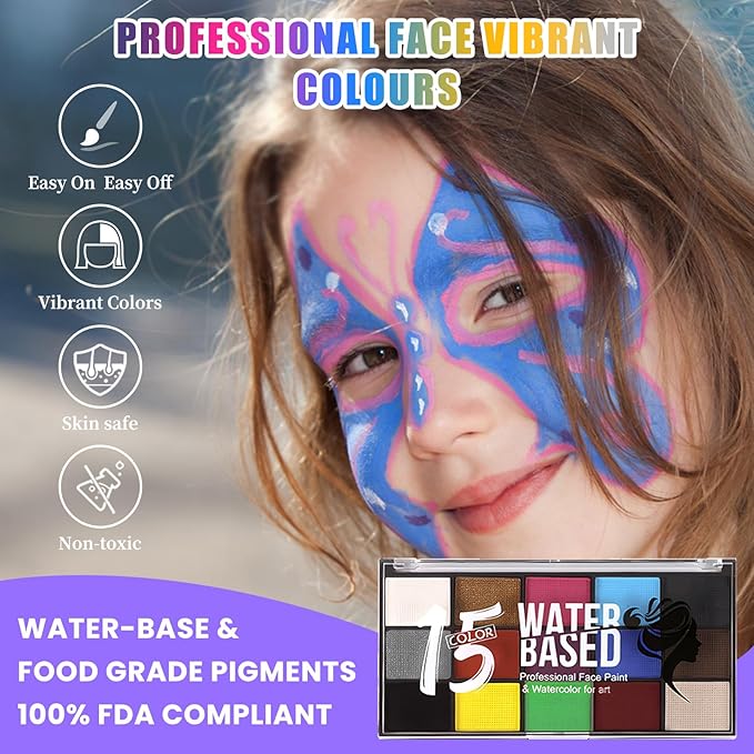 Face Painting Kit for Kids Adults, Water Activated Body Face Paint, 15 Colors Water Based Facepaints Fx Makeup Palette ,Non Toxic Hypoallergenic Safe Facepaint for Halloween Party Birthday Cosplay