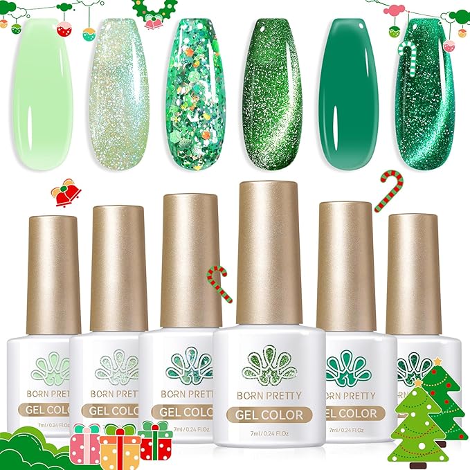 Born Pretty Christmas Green Gel Nail Polish,Jelly Transparent Gel Nail Polish, Cat Magnetic Eye,Shimmer Glitter Holographic Green Gel Polish Kit for Salon Manicure and Nail Art DIY at Home 6PCS 7ml