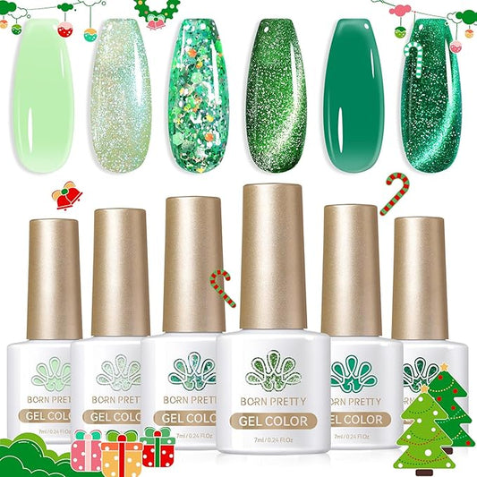 Born Pretty Christmas Green Gel Nail Polish,Jelly Transparent Gel Nail Polish, Cat Magnetic Eye,Shimmer Glitter Holographic Green Gel Polish Kit for Salon Manicure and Nail Art DIY at Home 6PCS 7ml