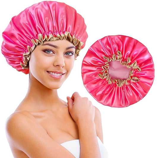 Shower Cap Reusable Waterproof, Large Shower Cap for Women, Shower Caps for Braids Long Hair, Double Layer Satin Plastic Hair Cap for Shower