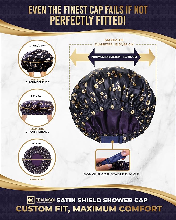 Luxury Reusable Shower Cap for Women - Satin Lined, Adjustable & Waterproof - Keeps Hair Dry- Durable Hair Bonnet by BEAUXSOI (Fleur de Nuit) - Floral design