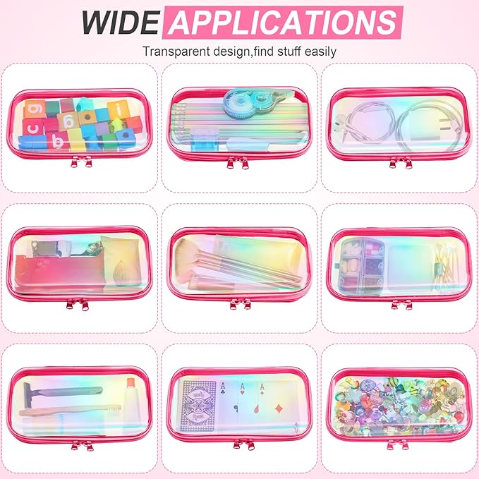 Hoolerry 4 Pcs Hard Clear Zipper Case Makeup Bags Plastic Pencil Pouch Transparent Storage Box Containers for Cosmetics, Snacks, Building Blocks, Puzzles(Pink Laser,7.5 x 3.9 x 2 in)