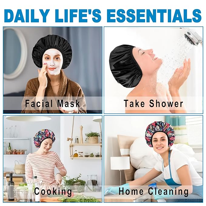 Shower Caps for Women, 2 PCS 3 Layers Terry Lined Shower Cap + 2 Satin Scrunchies, Waterproof Terry Cloth Bath Caps Elastic and Reusable Hair Cap for Shower - (Black+Flower B)