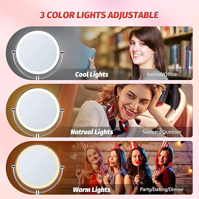 Magnifying Makeup Mirror with Light: 9" Large 1X/10X Lighted Makeup Mirror, Double Sided Vanity Tabletop Mirror 360°Rotation & Adjustable Brightness, Type-C Charging & Touch Switch on Base, Chrome