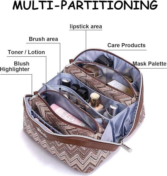 Travel Makeup Bag for Women: Western Boho Make up Bag Set of 3 - Large Capacity Vegan Leather Cosmetic Bag - Waterproof Toiletry Bag with Compartments & Handle & Divider(B-02Brown)