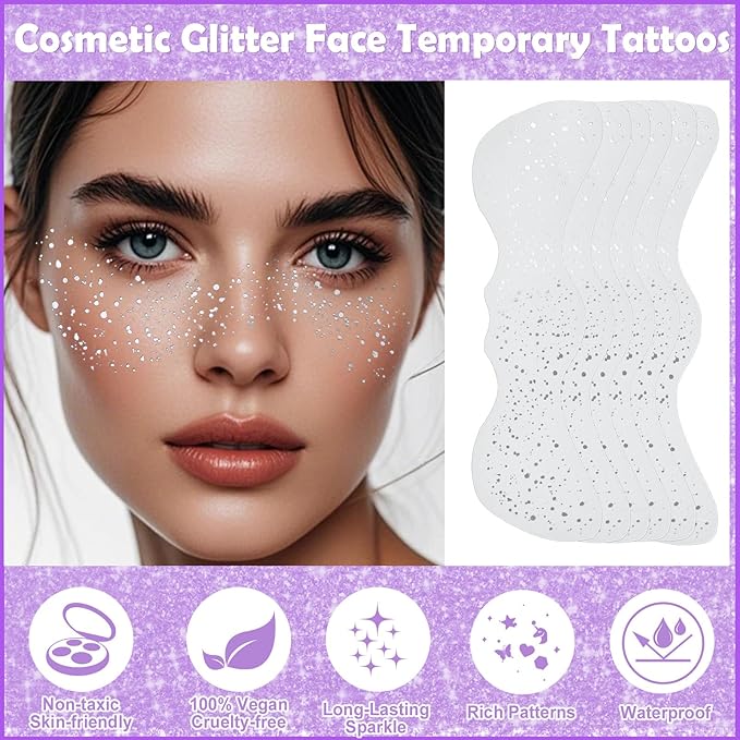 Yosca Glitter Freckles Face Tattoo, 6Pcs Metallic Gold Temporary Tattoos for Body Face Freckle Makeup, Waterproof Glitter Makeup Patches for Festival Concert Party Girl Women Rave Accessories
