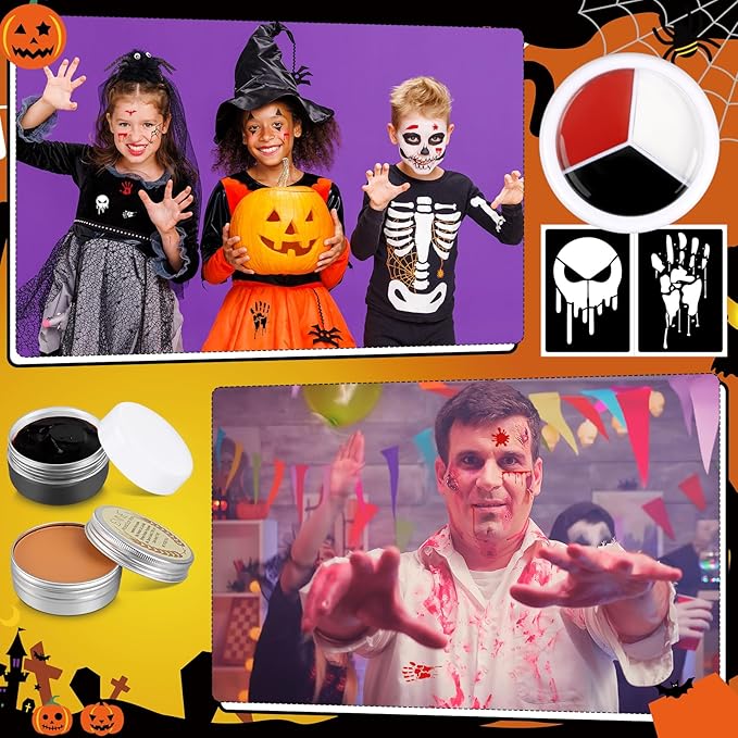 Halloween Makeup Set Scar Wax with 3 Color Bruise Wheel Face Body Paint Blood Gel and Stencils Spatula Sponges Makeup Brush for Halloween Fake Blood Costume Party Supplies Zombie Cosplay