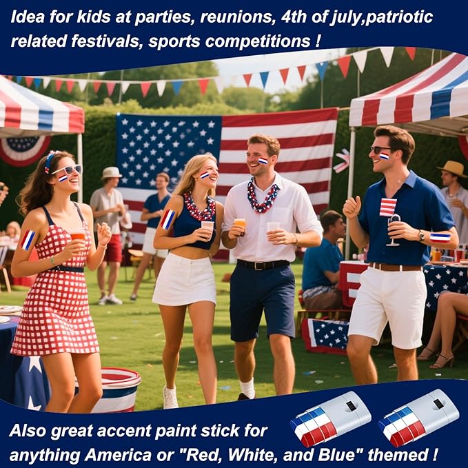 8pcs Red White and Blue Face Paint Stick, Long Lasting Patriotic Body Painting Baseball Eye Black America USA Flag Makeup Stick 4th of July Accessories for Kids Women Men Sports Party Independence Day