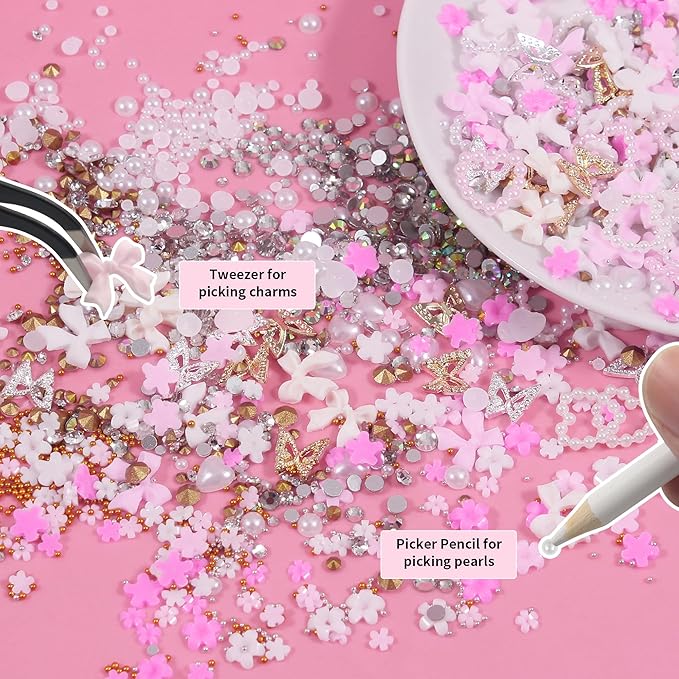 Artdone Nail Art Studs Kit, 12 grids 8 Colors 3D Charms and Pink Mix White Flower Heart Diamond Butterfly Cute Nail Jewels for DIY Decoration with Pickup Tools