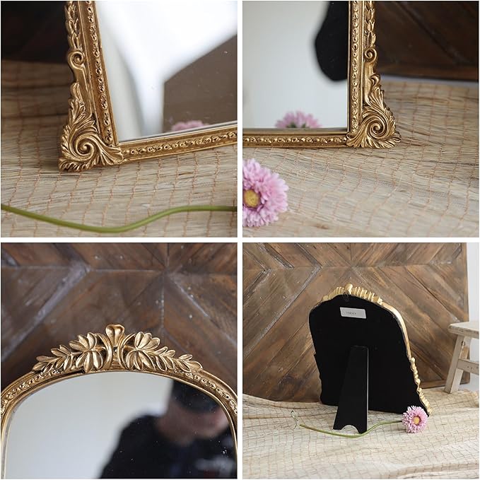 Vintage Gold Vanity Makeup Desk Mirror - Antique Chic Arch Table Mirror with Carved Resin Frame, Small Standing Arendahl Mirror for Living Room, Bedroom, Tabletop (13.2" x 12.8")