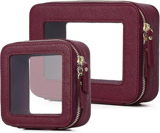 Pinkmik Clear Makeup Bag Waterproof Travel Case for Cosmetics and Toiletries Women's Purse Organizer and Clear Car Bag with Zipper (X/Burgundy, M+MINI)