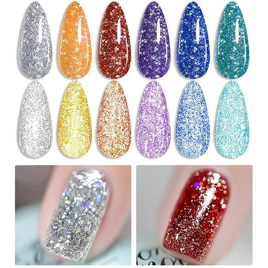 Born Pretty Reflective Glitter Gel Polish Colorful Sparkly Shiny Disco DJ LED Gel Nail Polish Nail Varnish 6PCS 10ML
