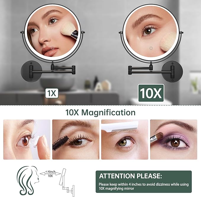 Hasipu 8.5-Inch Wall Mounted Makeup Mirror with Magnification, Rechargeable 2000 mAh Vanity Mirror with Lights, Bathroom Mirror with Dimmable Brightness, 3 Lighting Modes, Extendable Arm, Black