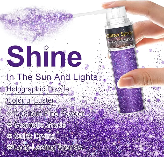 Hair and Body Glitter Spray, 1PC Sparkling Purple Hair Glitter Extra Fine Face Shimmer Powder for Clothes, Festival Loose Sparkle Powder for Rave Clothes Nail Art Easter Halloween Crafts (Purple)